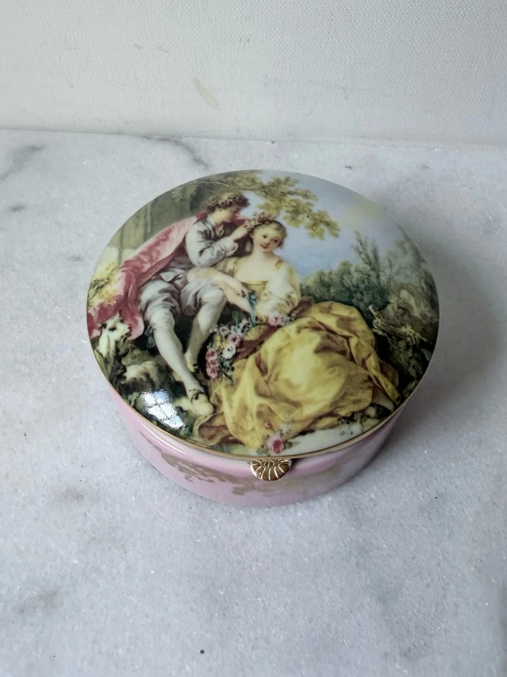 vintage Andrea by Sadek porcelain trinket box featuring a courting couple scene